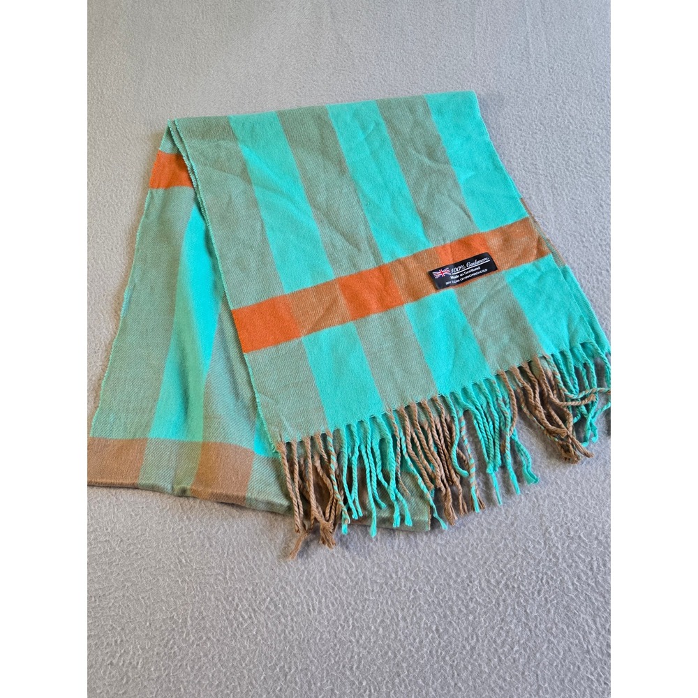 Unbranded Scarf Unisex Teal Orange Plaid 100% Cashmere Made in Scotland Fringe
